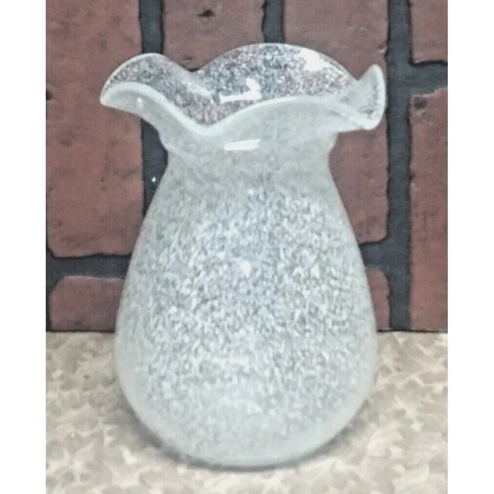 Art Glass Vase Hand Blown Clear With White Splatter Ruffle Top 7” Scalloped edge